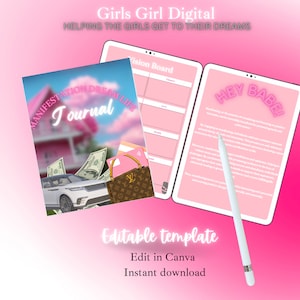 Puede incluir: Planificador digital rosa y blanco con el texto "HEY BABE!" y "MANIFESTATION DREAM LIFE Journal" en la portada. El planificador est&aacute; abierto en una p&aacute;gina con un tablero de visi&oacute;n y una p&aacute;gina con afirmaciones.