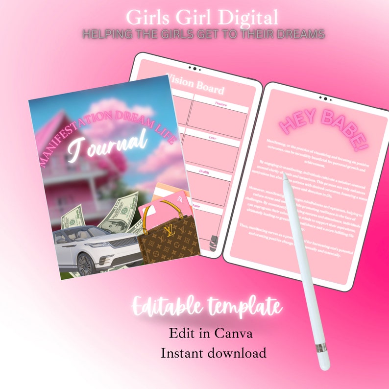 Puede incluir: Planificador digital rosa y blanco con el texto "HEY BABE!" y "MANIFESTATION DREAM LIFE Journal" en la portada. El planificador est&aacute; abierto en una p&aacute;gina con un tablero de visi&oacute;n y una p&aacute;gina con afirmaciones.