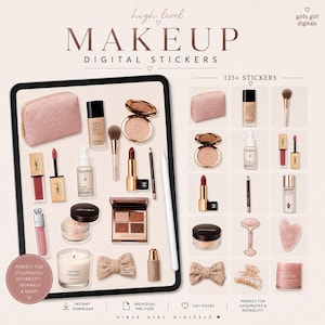 Op de afbeelding: Een digitale collectie make-up stickers met diverse schoonheidsproducten zoals foundationflesjes, lippenstiften, oogschaduwpaletten, een make-uptasje, een kaars en haaraccessoires weergegeven op een tabletscherm met een styluspen.