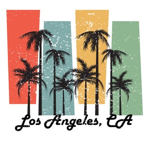 May include: A retro-style graphic design featuring palm trees silhouetted against a colorful background. The colors are red, blue, yellow, and green. The text "Los Angeles, CA" is at the bottom of the design.