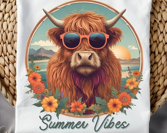 Summer Highland Cow Beach T-Shirt Design PNG (Digital Download)