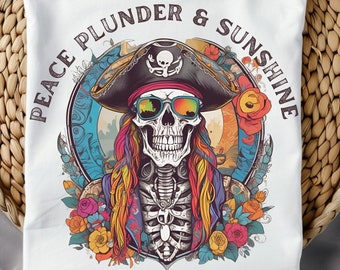 Pirate Skeleton PNG, Peace Plunder Sunshine, T-shirt Design (Digital Download)