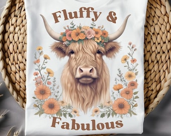 Floral Highland Cow PNG, T-Shirt Sublimation Design (Instant Download)