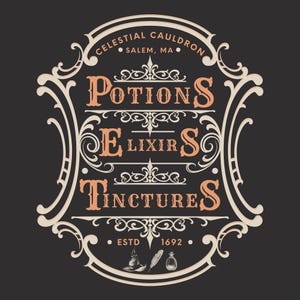 May include: A vintage-style logo for a shop called "Celestial Cauldron" in Salem, MA. The logo features the text "Potions, Elixirs, Tinctures" in a decorative font with ornate flourishes. The shop's name and location are also included in the logo, along with the year "1692" and the abbreviation "ESTD".