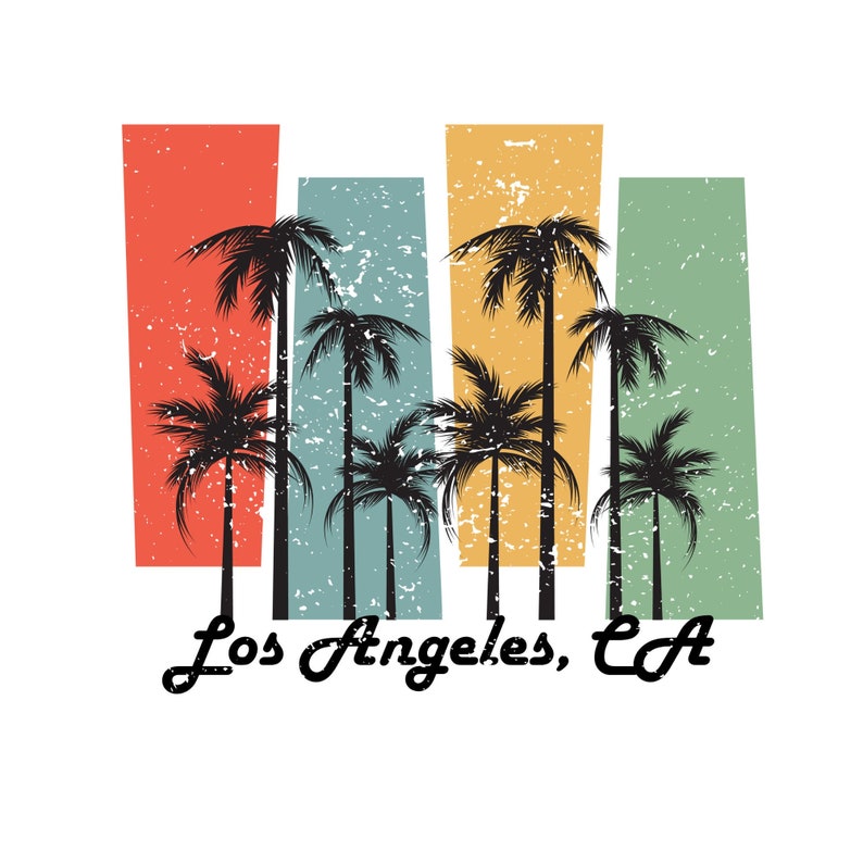 May include: A retro-style graphic design featuring palm trees silhouetted against a colorful background. The colors are red, blue, yellow, and green. The text "Los Angeles, CA" is at the bottom of the design.