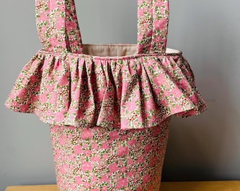 Ruffled Stroller Bag | Stylish Diaper Tote | Pink floral pram Organizer | Soft Structured Stroller Storage | Trendy new Mom Gift