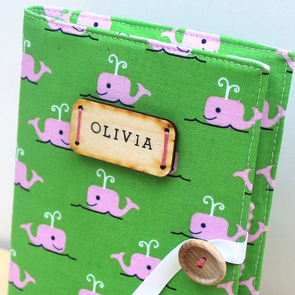 nautical whale pattern in green and pink personalized baby gift photo album