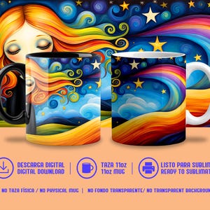 Puede incluir: Dos tazas de cerámica con un diseño artístico vibrante y arremolinado de una persona con cabello largo y fluido, un cielo estrellado y nubes coloridas. Una taza tiene asa e interior negros, mientras que la otra tiene asa e interior blancos.