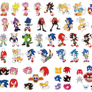 Puede incluir: Una colección de personajes de dibujos animados coloridos, incluyendo Sonic the Hedgehog, Tails, Knuckles, Amy Rose, Shadow the Hedgehog, y otros. Los personajes están en varias poses y expresiones, y algunos están sosteniendo objetos como anillos o armas.