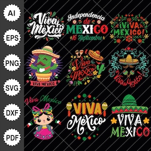 Puede incluir: Una colección de diseños coloridos de "Viva México", con texto, sombreros, maracas y un personaje de cactus. Los diseños son de varios estilos, con un fondo negro e iconos de tipo de archivo a la izquierda.