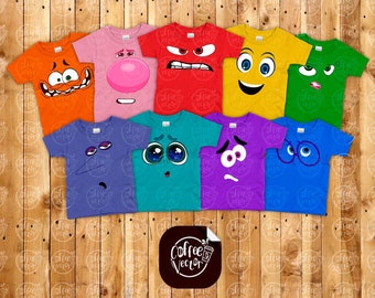 May include: Ten colorful t-shirts with different cartoon faces printed on them. The faces include a surprised face, a sad face, a happy face, an angry face, a confused face, a goofy face, a winking face, a frowning face, a face with a bubble, and a face with glasses.