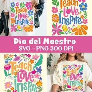 Teach love inspire png, floral teacher png, retro teacher png, teacher gift png, teacher sublimation, back to school