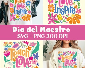 Teach love inspire png, floral teacher png, retro teacher png, teacher gift png, teacher sublimation, back to school