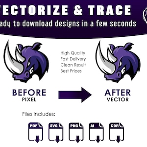 Puede incluir: Imagen antes y después que muestra un logotipo de mascota de rinoceronte morado que se está vectorizando. La imagen muestra la versión pixelada a la izquierda y la versión vectorizada a la derecha. El texto "VECTORIZE & TRACE" está en la parte superior de la imagen. El texto "BEFORE PIXEL" está debajo de la imagen pixelada. El texto "AFTER VECTOR" está debajo de la imagen vectorizada. El texto "Files Includes: PDF, SVG, PNG, AI, CDR" está debajo de las imágenes.