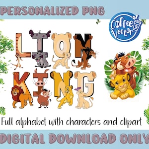 Könnte beinhalten: Ein farbenfrohes digitales Design mit den Worten "LION KING" und Figuren aus dem Film. Das Design umfasst Simba, Timon, Pumbaa und andere Charaktere. Der Text unten lautet "Vollständiges Alphabet mit Charakteren und Cliparts".