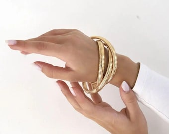 Two Laps Gold Snake Bracelet, Stainless Steel Stackable Bangle