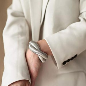 Könnte beinhalten: Ein silbernes, verdrehtes, schlangenförmiges Armband. Das Armband ist aus Metall und hat eine glatte, polierte Oberfläche.
