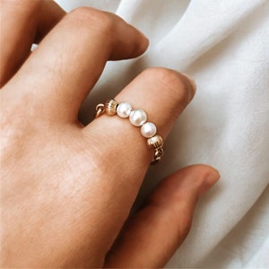 14K Gold Filled Pearl Ring, Dainty Pearl Ring, Boho Ring, Thin Band Ring, Stacking Ring for Women