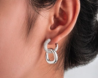 Hoop Chain Earrings, 925 Sterling Silver, Link Earrings,  Shining Zircon Earrings, Perfect Gift for Women