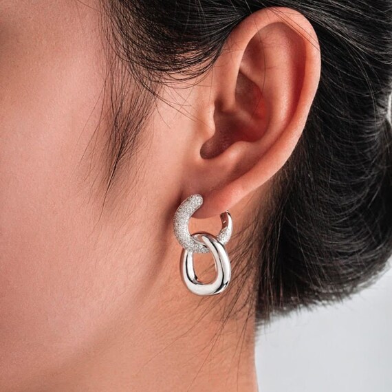 Hoop Chain Earrings, 925 Sterling Silver, Link Earrings,  Shining Zircon Earrings, Perfect Gift for Women