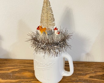 Vintage Christmas Assemblage Piece - Mason Jar S+P Shaker - Deer - Spun Cotton Mushrooms - Bottle Brush Tree