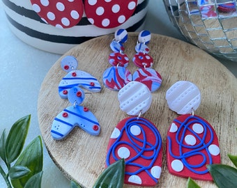 Clay Earrings - Red - White - Blue - Geometric- polka dot