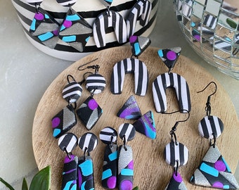 Clay Earrings - The Hollywood Line of the Mannequin Collection- Purple - Blue - Silver- Black & White Stripes