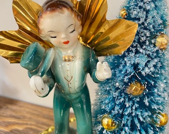 Vintage Christmas Assemblage Piece - Green and Gold - Porcelain Figurine