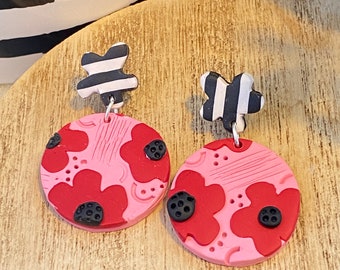 Clay Earrings - Red Poppy - Pale Pink - Black & White Stripes