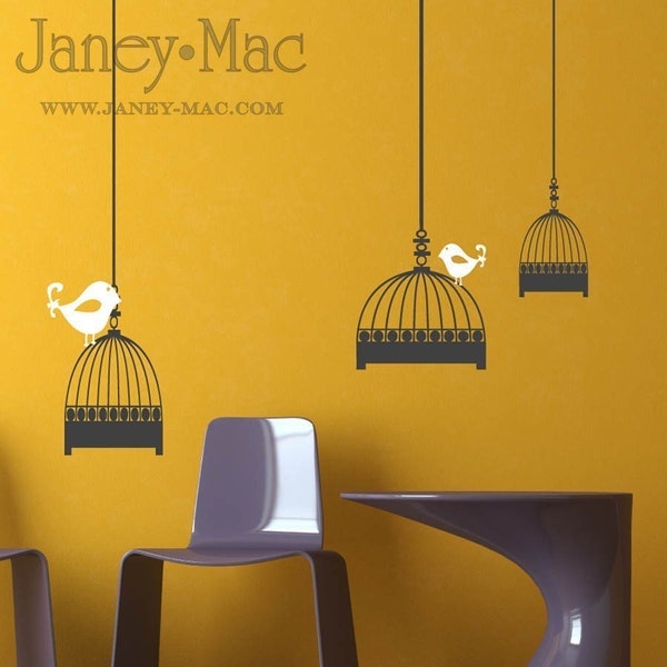 Vinyl Wall Art - 3 Hanging Bird Cages with Swirly Birds-B101