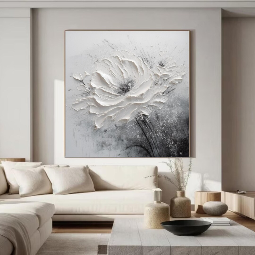 Original Abstract Flower Oil Painting on Canvas Blossom Gray Textured ...