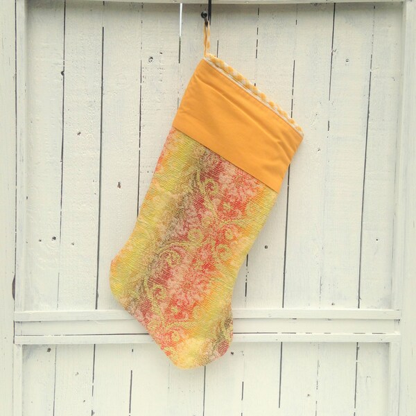 Mustard Yellow Brocade Christmas Stocking Vintage Upcycled Upholstery Fabric and Retro Vintage Bed Sheet