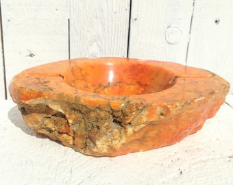 Genuine Alabaster Ashtray Made in Italy Hand Carved MCM Ring Dish Change Bowl Catch All Orange