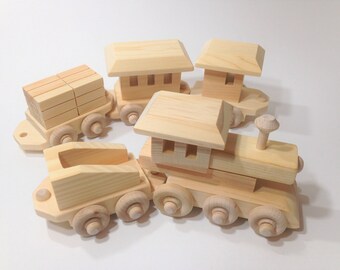 Handmade Wooden Train Set Wood Engine Coal Car Flat Bed Passenger Car Caboose Collectible Raw Wood Six Piece Set