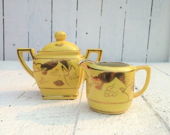 Vintage Yellow and Gold Dragon Creamer and Sugar Bowl with Lid Set Made in Japan