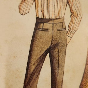 May include: A man wearing a striped shirt and brown pants. The shirt has vertical stripes in shades of brown, white, and orange. The pants have a high waist and are fitted through the legs.