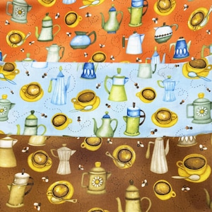 May include: A brown, blue, and orange fabric with a repeating pattern of coffee cups, teapots, and bees. The fabric is perfect for quilting, crafts, and home decor.
