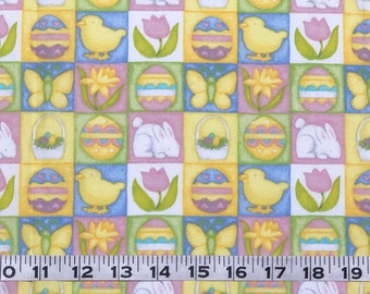 Easter Squares Cotton Yardage - 45" Wide Cotton Fabric - Bunnies, Chicks, Butterflies, Tulips, Daffodils, Easter Eggs in Pastel Colors