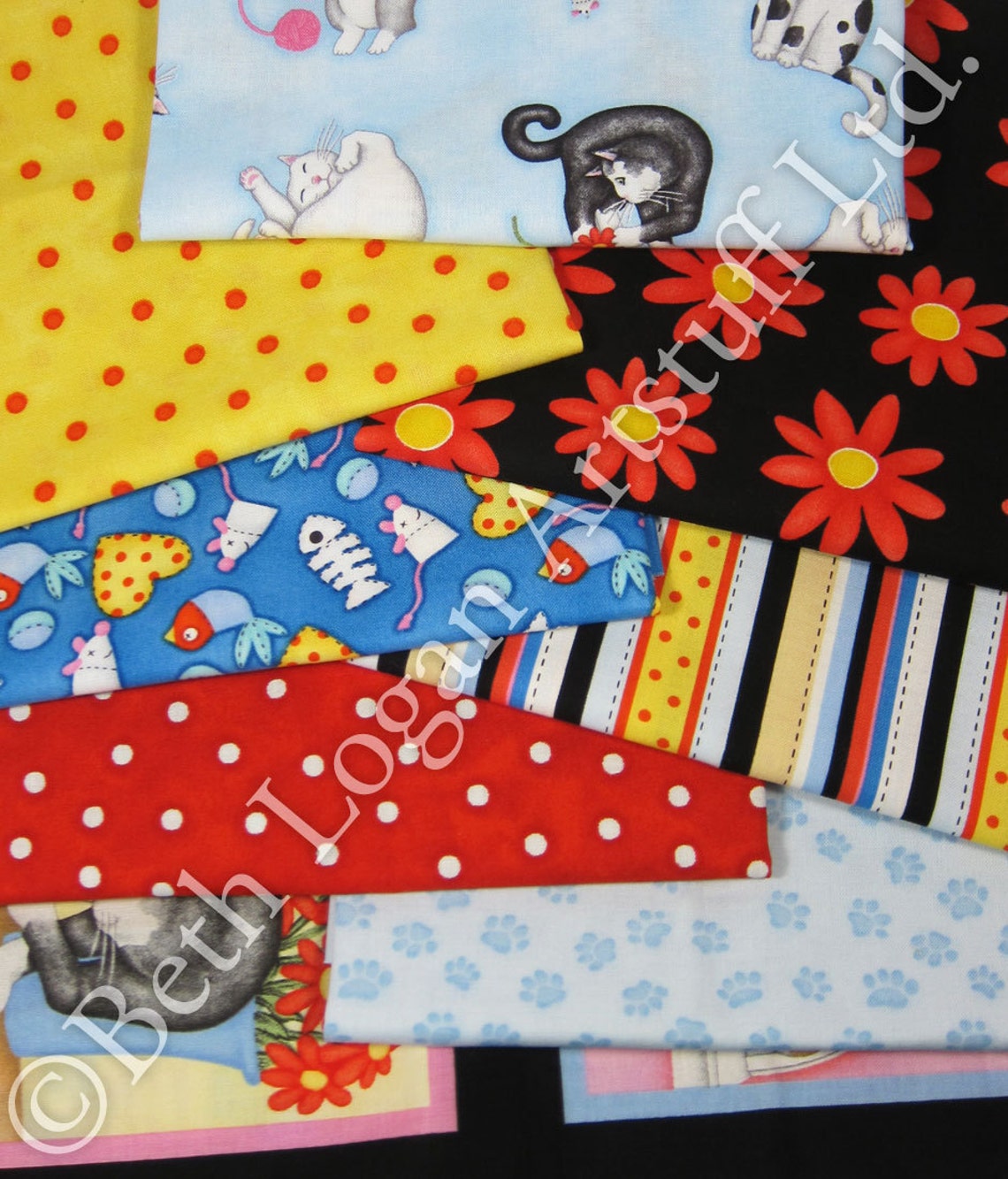 Cat's Meow Cotton Fabric Primary Colorway 8 Fat Quarter Etsy