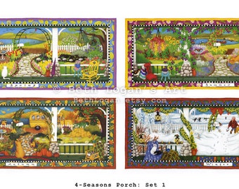 Four-Seasons Porch Scene - 10X20" Lithograph Print - Two Sets: Your Choice Single Print or Set of 4