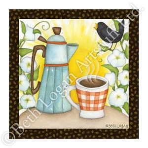 以下が含まれることがあります： 赤いストライプの青いコーヒーポットと、赤いチェック柄の白いコーヒーカップ。カップから蒸気が上がっている。背景は黄色い日の出と白い花です。