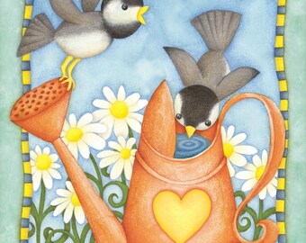 Watering Can & Chickadees Garden Flag