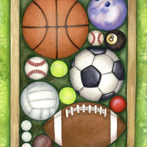 以下が含まれることがあります： バスケットボール、野球、サッカーボール、ボーリングの球、テニスボール、バレーボール、8の数字が入ったビリヤードの球など、さまざまなスポーツボールのイラスト。 ボールは、緑色の背景に長方形の木製フレームに配置されています。