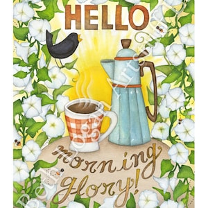以下が含まれることがあります： 白いアサガオの花のつるに止まっている鳥、コーヒーポット、コーヒーカップの水彩画です。画像には「HELLO morning glory!」という文字が書かれています。