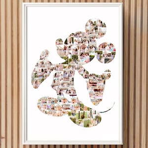Peut inclure: Une mosaïque de photos représentant une silhouette de Mickey Mouse composée de nombreuses photos plus petites. Les photos sont principalement de personnes, mais certaines sont de paysages et de bâtiments. La mosaïque est dans un cadre blanc.