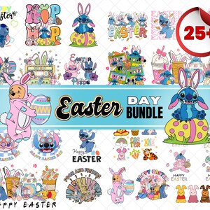 May include: A digital clipart bundle of 25+ Easter-themed images featuring Stitch from Lilo & Stitch. The images include Stitch dressed as an Easter bunny, holding Easter eggs, and with Easter-themed text. The images are perfect for creating crafts, cards, and other projects.