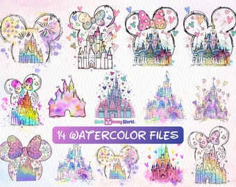 Bundle aquarelle château de souris Png, oreille de souris château Png, château rétro coloré Png, sublimation png, royaume magique png, sublimation