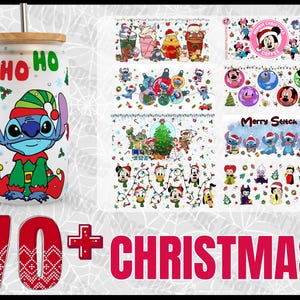 70+ cartoon Christmas Glass Can Sublimation PNG, Blue alien christmas, mouse and friends, yellow bear christmas  16oz Libbey Glass Can Wrap
