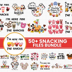 Könnte beinhalten: Ein digitales Download-Paket mit über 50 Snack-Designs im Disney-Stil mit Mickey Mouse und anderen Figuren. Die Designs beinhalten Sätze wie "Ich bin hier für die Snacks" und "Snacken rund um die Welt".