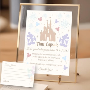 Placa e cartão editáveis da cápsula do tempo do primeiro aniversário da Dinseyland, decoração de festa do mundo mágico, aniversário da Dinseyland, digital, para impressão
